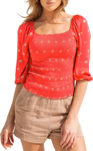 Women's Black Label Smocked Boho Top Orange/Gold Medium