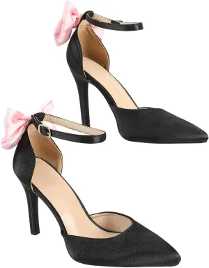 Women's Black Satin High-Heel Shoes | Pointed-Toe Ankle Strap Pumps with Pink Bow Detail | Slender Heel Business Party Shoes | 2025 Trendy Elegant Dress Heels