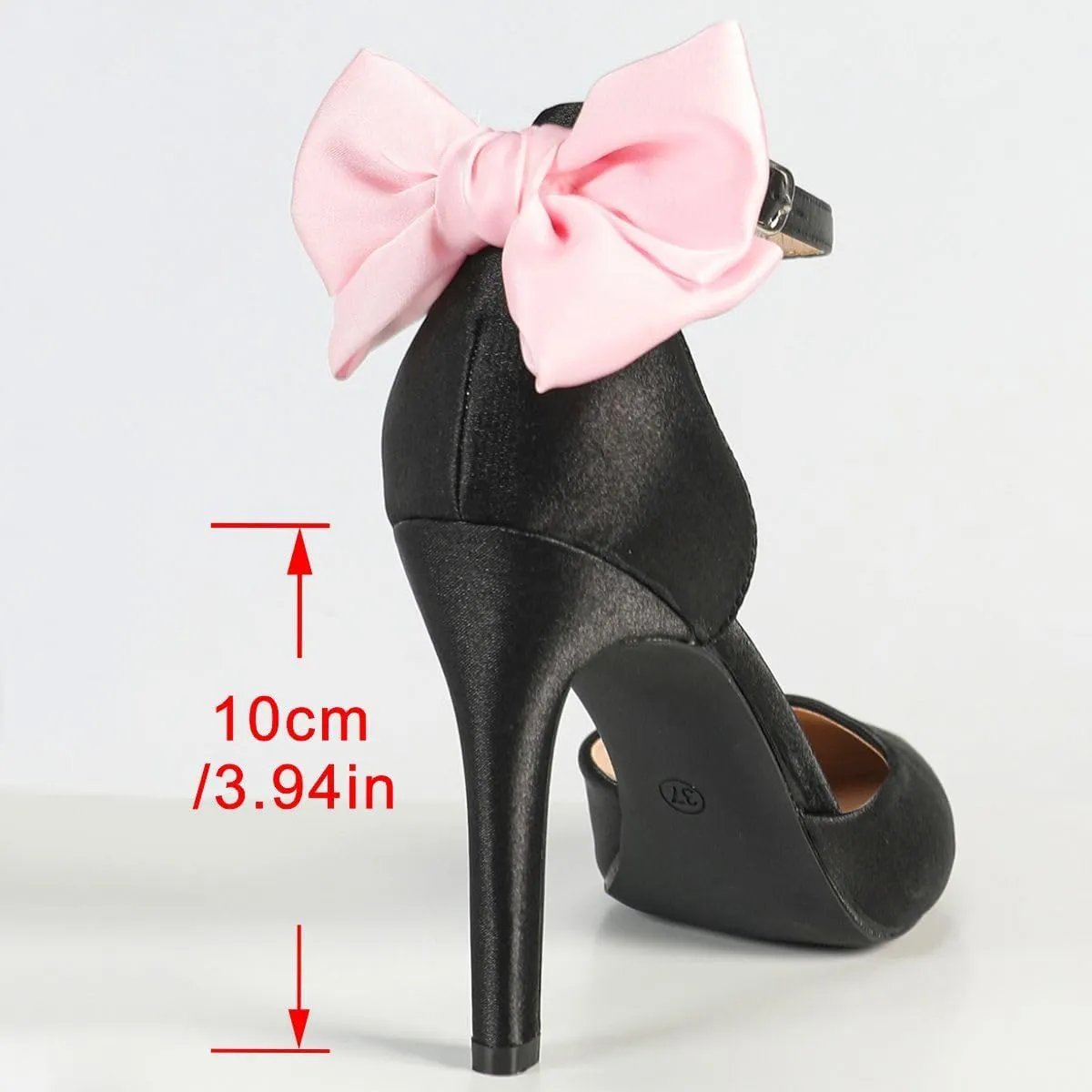Women's Black Satin High-Heel Shoes | Pointed-Toe Ankle Strap Pumps with Pink Bow Detail | Slender Heel Business Party Shoes | 2025 Trendy Elegant Dress Heels