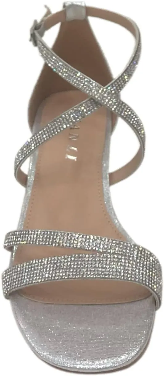 Women's Block Low Heel Spaghetti Strap Rhinestone Sandals Open Toe Ankle Strap High Heels
