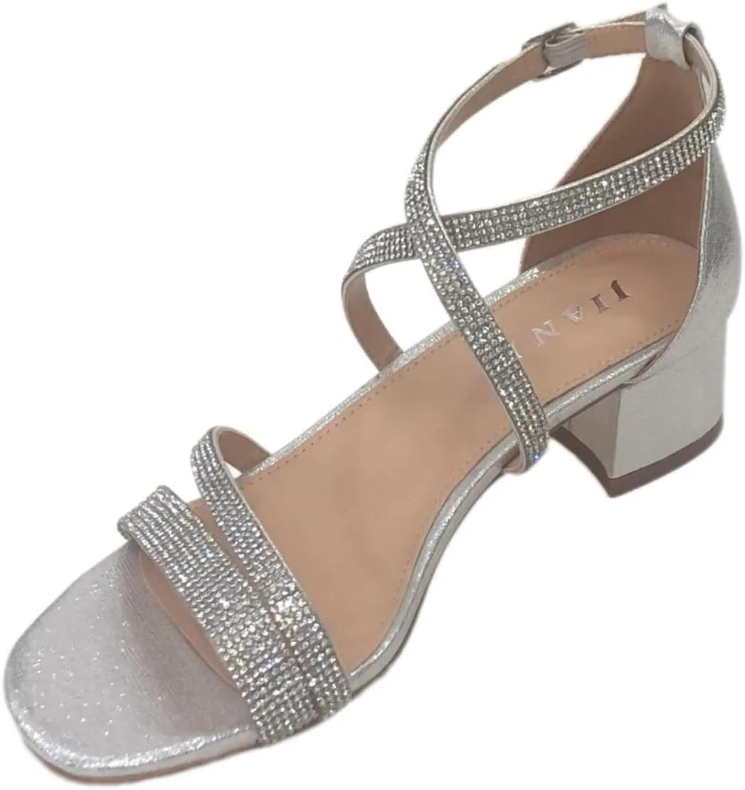 Women's Block Low Heel Spaghetti Strap Rhinestone Sandals Open Toe Ankle Strap High Heels