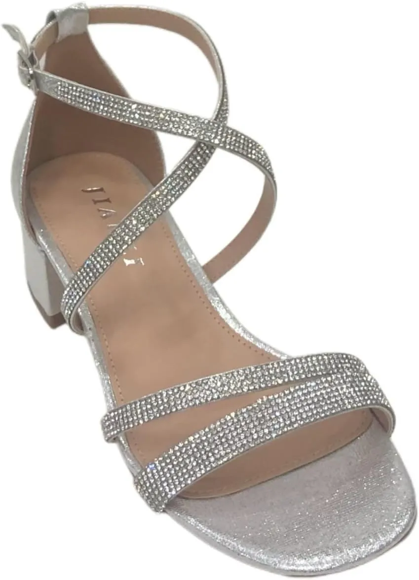 Women's Block Low Heel Spaghetti Strap Rhinestone Sandals Open Toe Ankle Strap High Heels