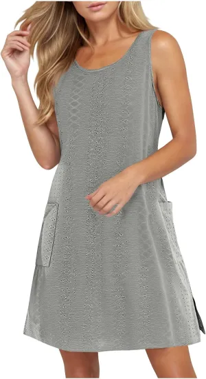 Women's Casual Dresses Soft Sleeveless Crewneck Summer Vacation Dresses with Pockets Relaxed Size Mini Dresses