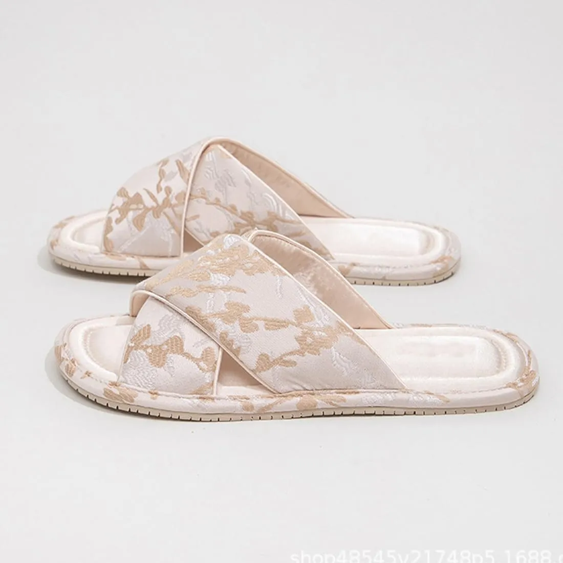Women's Chinese Style Embroidered Slippers Cross Strap Vintage Satin Open Toe House Shoes Soft Anti Slip Indoor Outdoor Slides