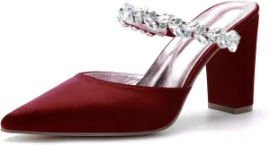 Womens Chunky Block Heel Sandals Pointed Closed Toe Low Heel Satin Slingback Pumps Shoes