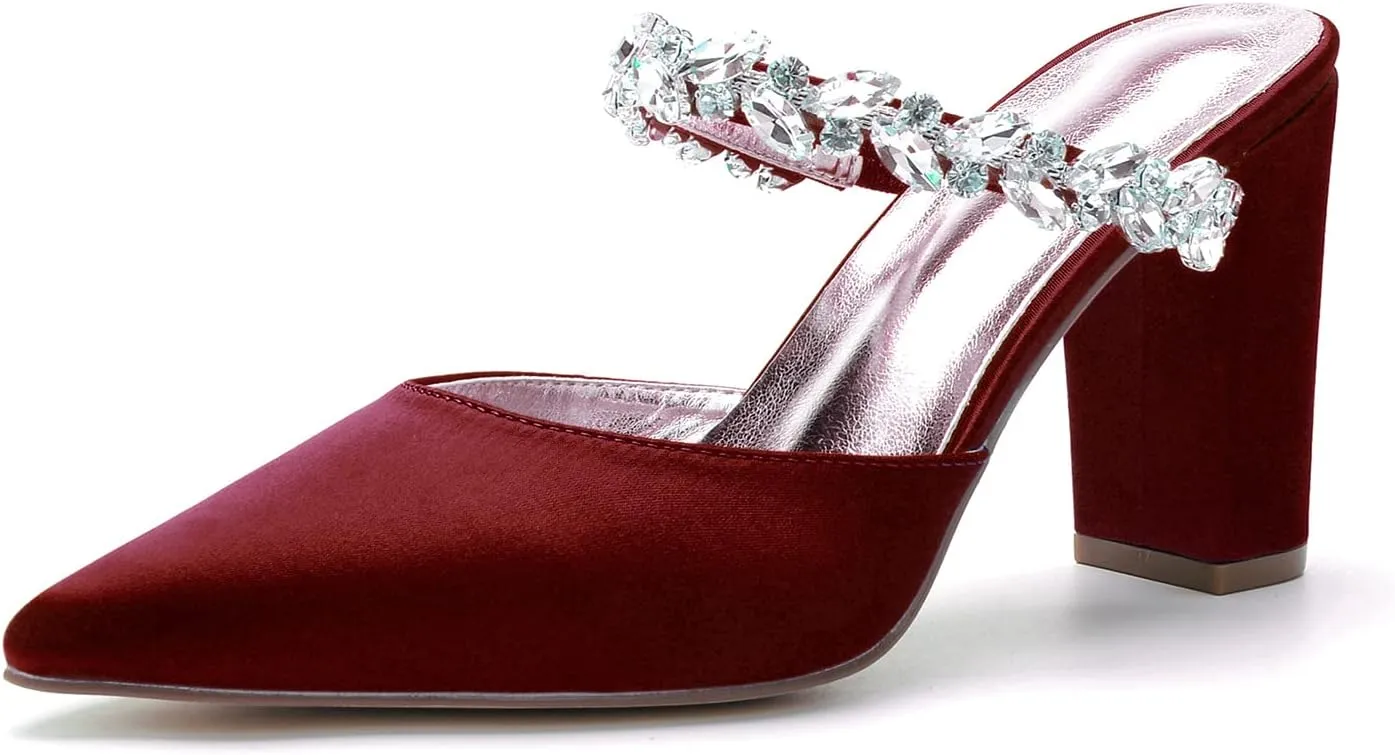 Womens Chunky Block Heel Sandals Pointed Closed Toe Low Heel Satin Slingback Pumps Shoes