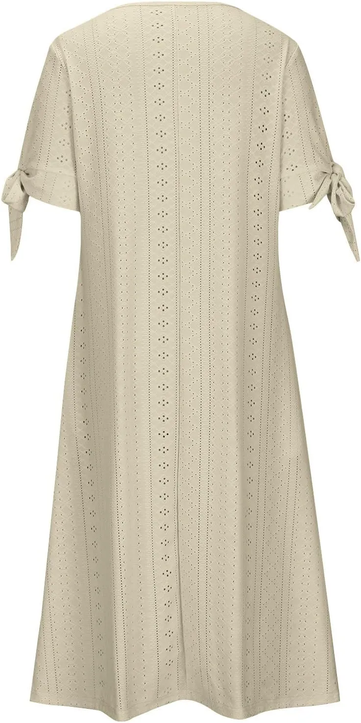 Womens Dresses Casual Summer Eyelet Short Sleeve Button Down Dress with Pockets Going Out Empire Waist Party Sundress