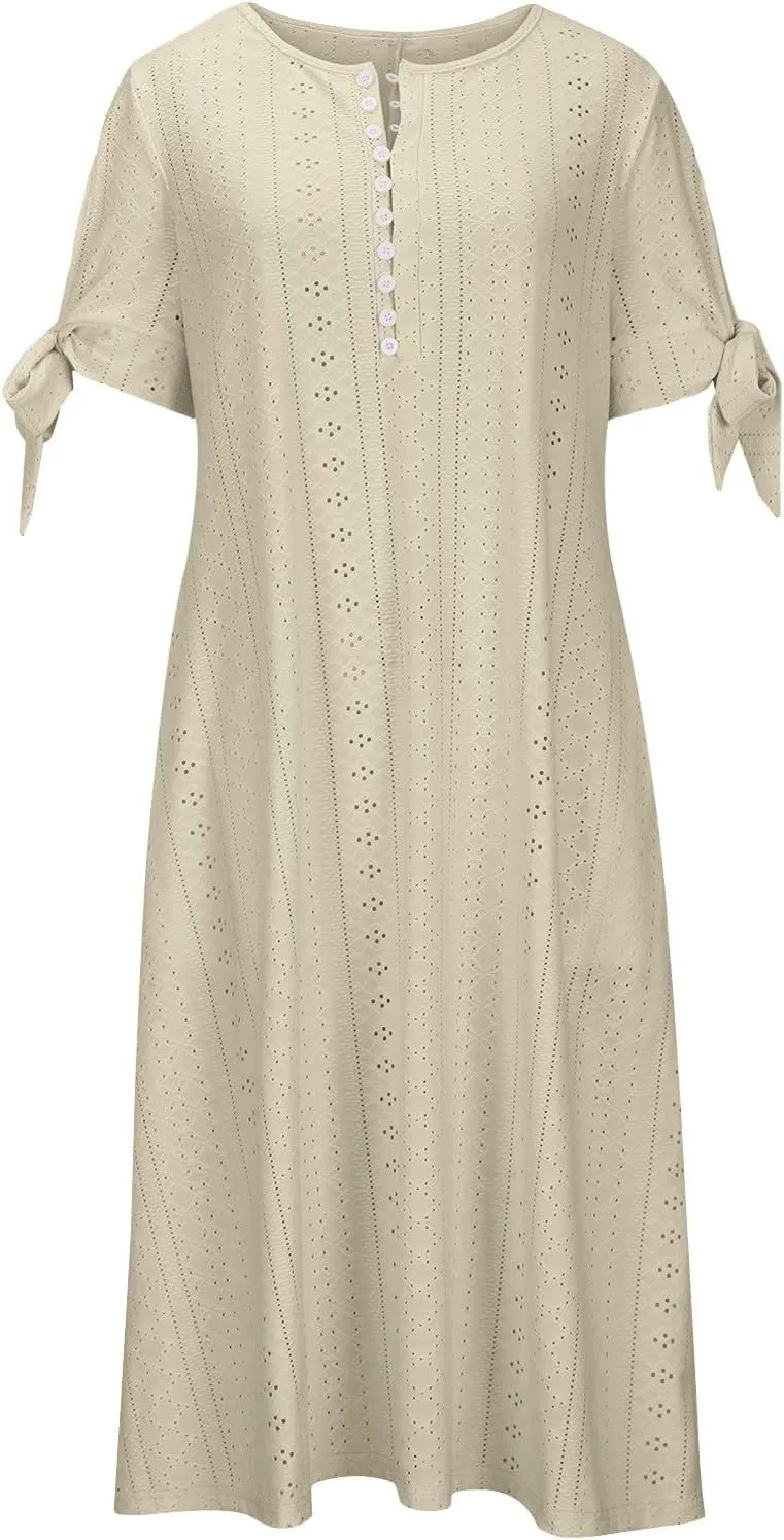 Womens Dresses Casual Summer Eyelet Short Sleeve Button Down Dress with Pockets Going Out Empire Waist Party Sundress