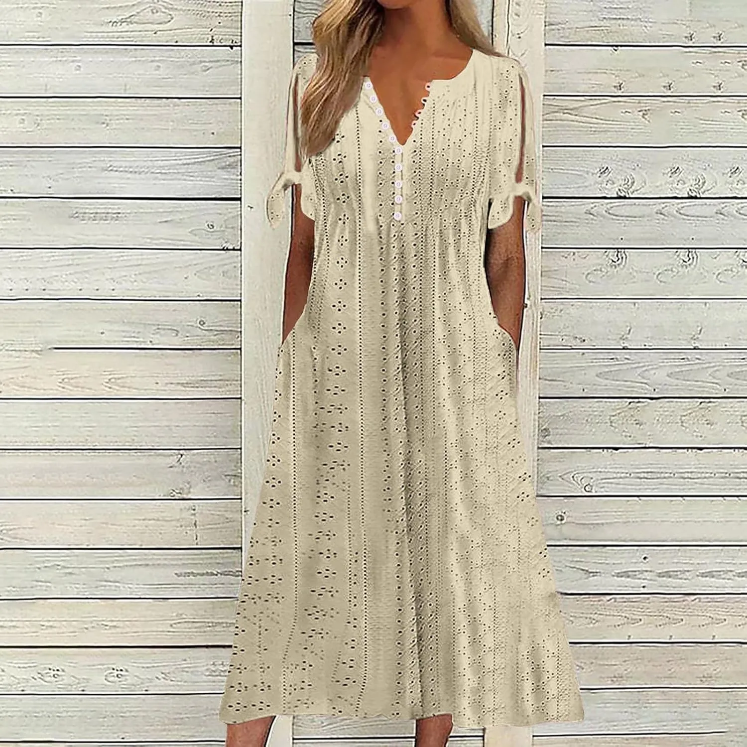 Womens Dresses Casual Summer Eyelet Short Sleeve Button Down Dress with Pockets Going Out Empire Waist Party Sundress