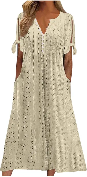 Womens Dresses Casual Summer Eyelet Short Sleeve Button Down Dress with Pockets Going Out Empire Waist Party Sundress