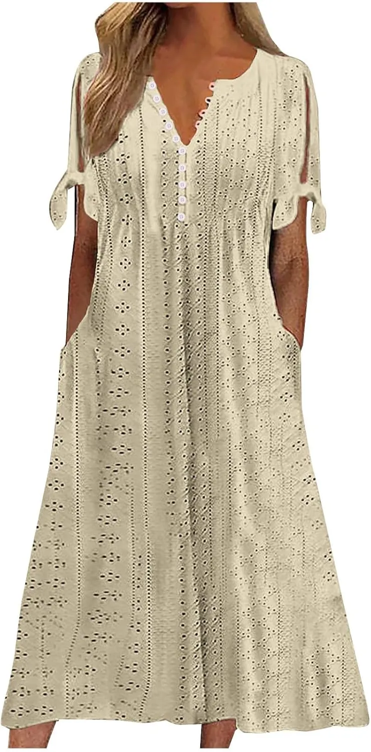 Womens Dresses Casual Summer Eyelet Short Sleeve Button Down Dress with Pockets Going Out Empire Waist Party Sundress