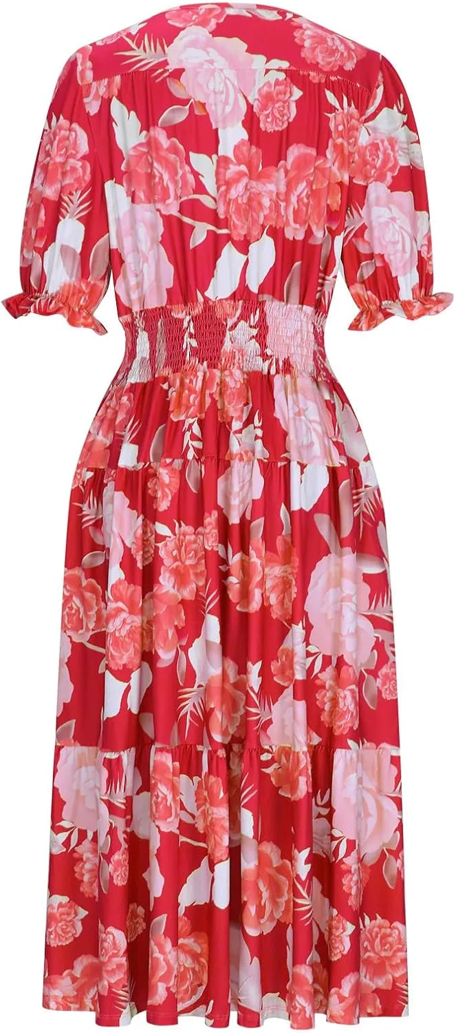 Women's Hawaiian Beach Maxi Dress Fashion Boho Print Dress Summer Casual Short Sleeve Dress Vacation Flowy Long Dress