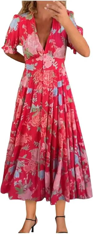 Women's Hawaiian Beach Maxi Dress Fashion Boho Print Dress Summer Casual Short Sleeve Dress Vacation Flowy Long Dress