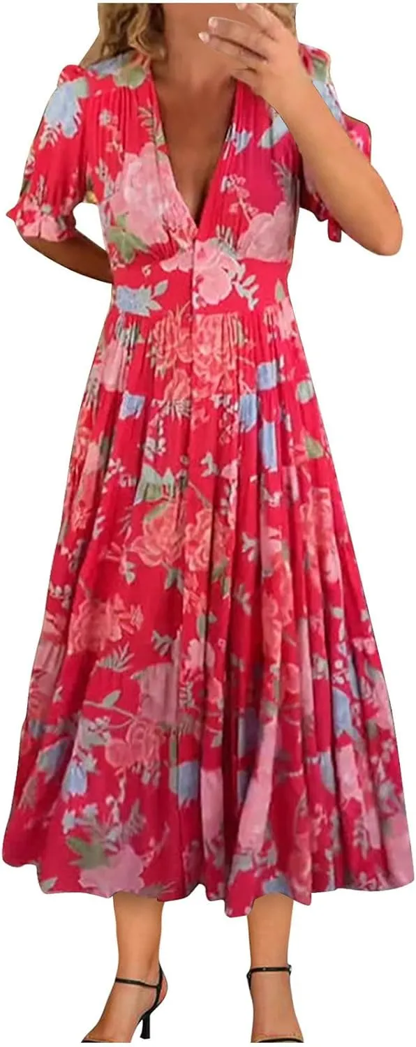 Women's Hawaiian Beach Maxi Dress Fashion Boho Print Dress Summer Casual Short Sleeve Dress Vacation Flowy Long Dress
