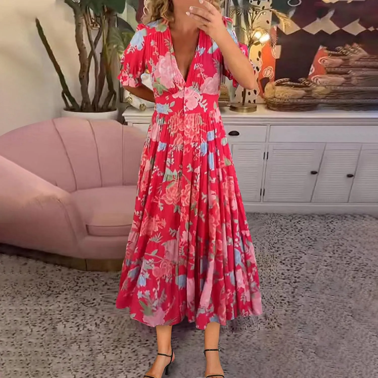 Women's Hawaiian Beach Maxi Dress Fashion Boho Print Dress Summer Casual Short Sleeve Dress Vacation Flowy Long Dress
