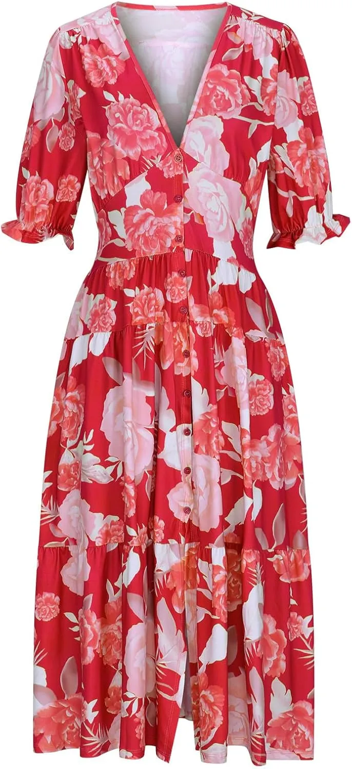 Women's Hawaiian Beach Maxi Dress Fashion Boho Print Dress Summer Casual Short Sleeve Dress Vacation Flowy Long Dress