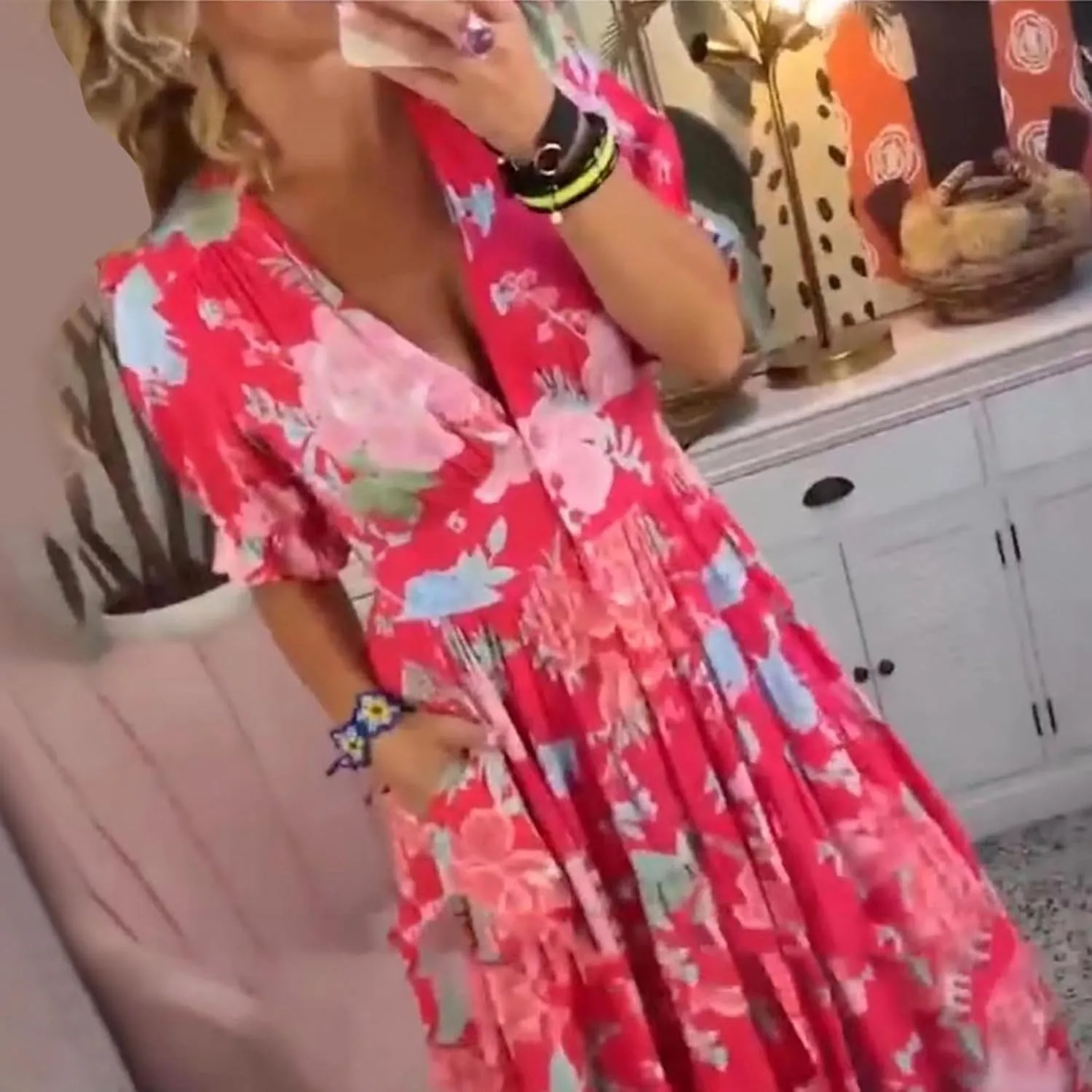 Women's Hawaiian Beach Maxi Dress Fashion Boho Print Dress Summer Casual Short Sleeve Dress Vacation Flowy Long Dress