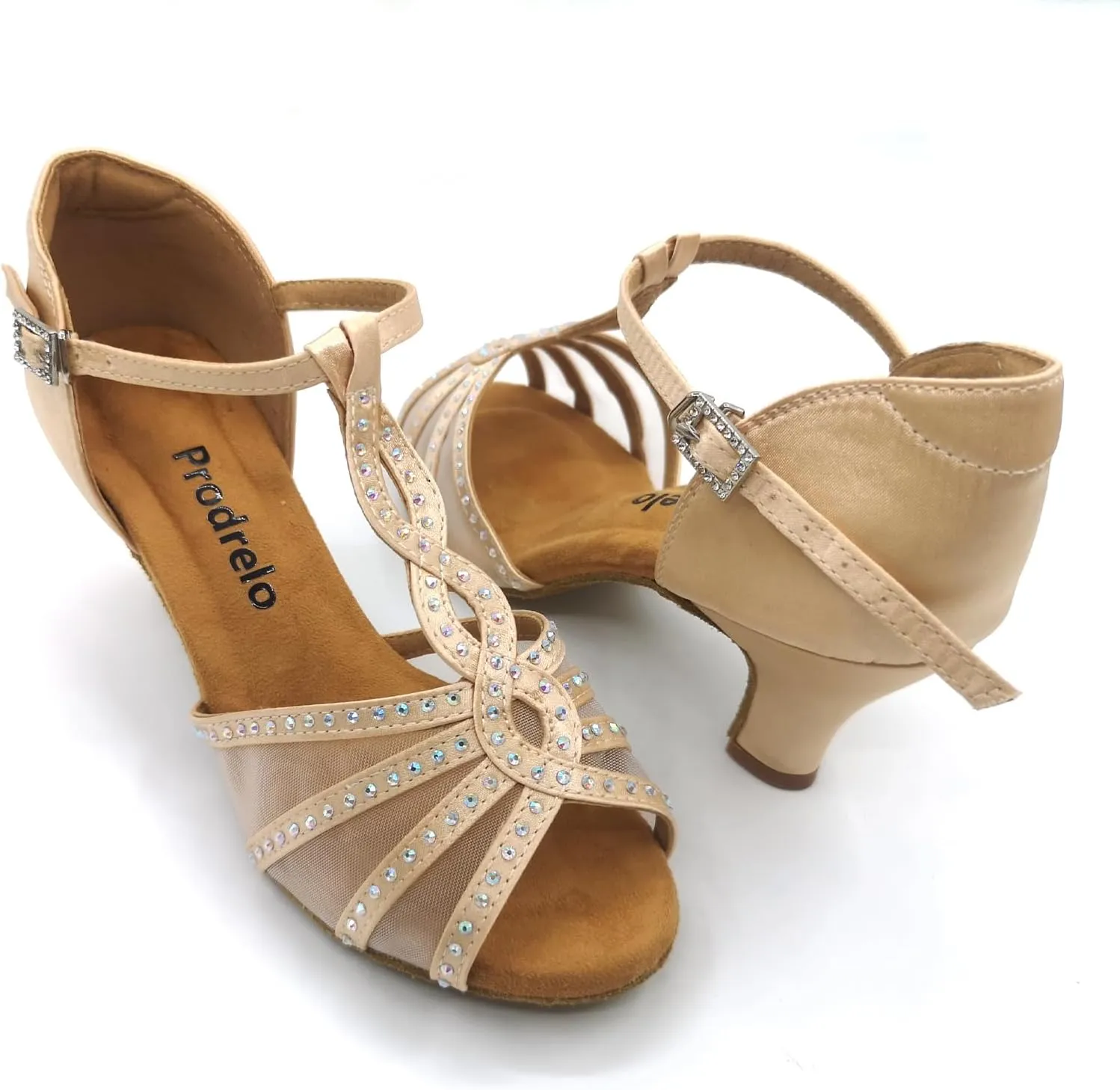 Women's Mesh Dance Shoes,Nude Satin Salsa Latin Swing Ballroom Shoes with Rhinestones,T-Strap,Open-Toe,for Ball/Wedding/Party/Formal