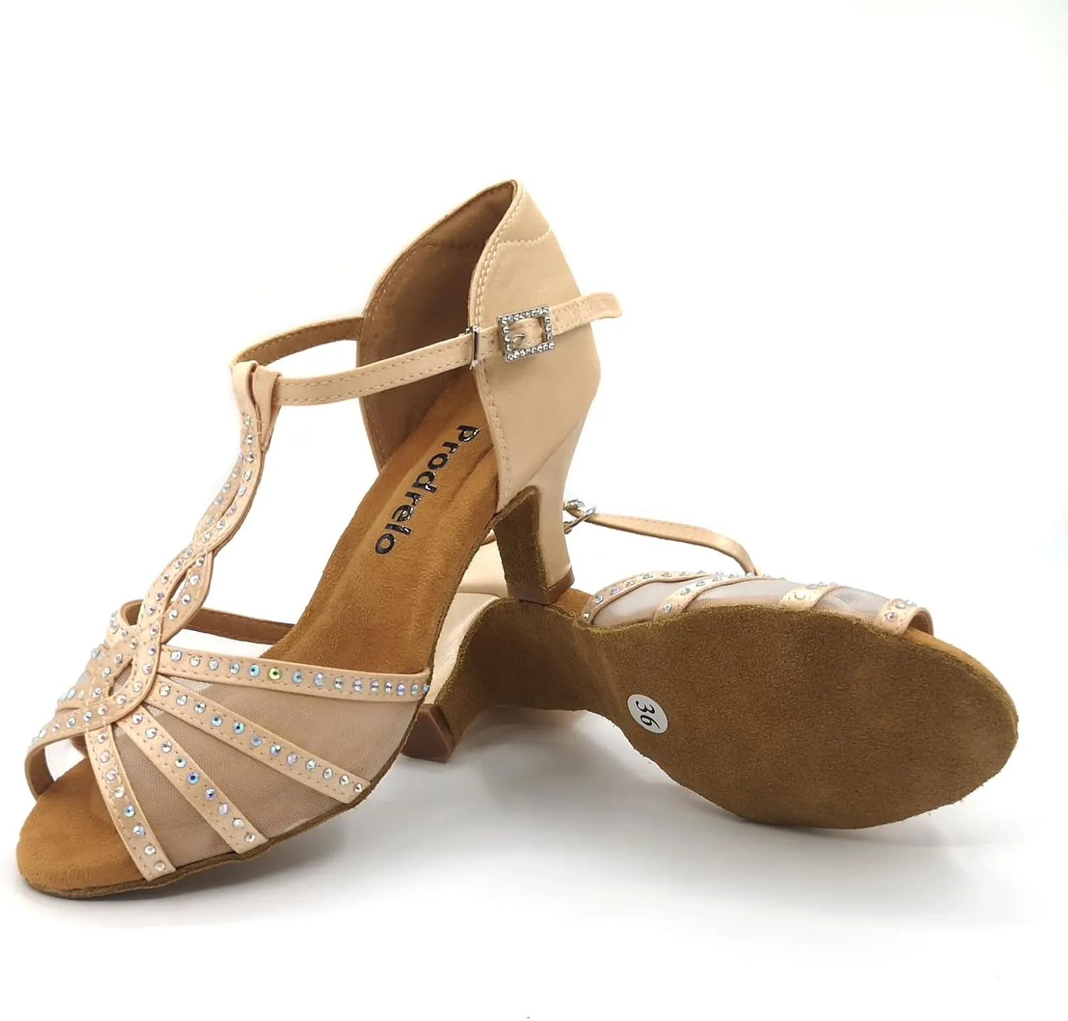 Women's Mesh Dance Shoes,Nude Satin Salsa Latin Swing Ballroom Shoes with Rhinestones,T-Strap,Open-Toe,for Ball/Wedding/Party/Formal