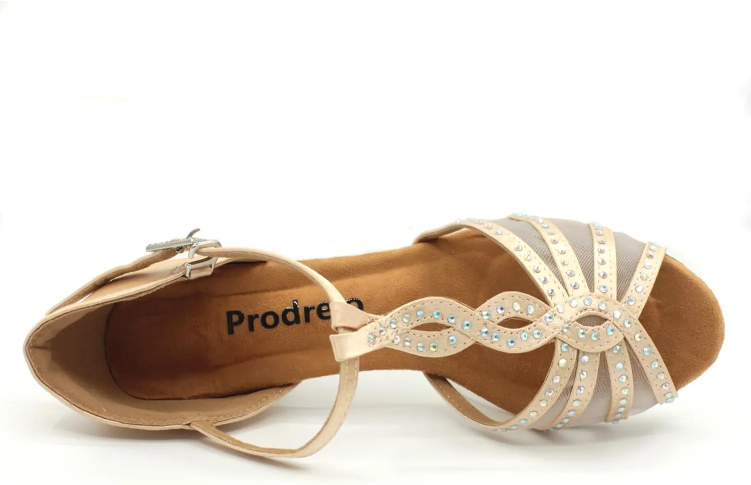 Women's Mesh Dance Shoes,Nude Satin Salsa Latin Swing Ballroom Shoes with Rhinestones,T-Strap,Open-Toe,for Ball/Wedding/Party/Formal