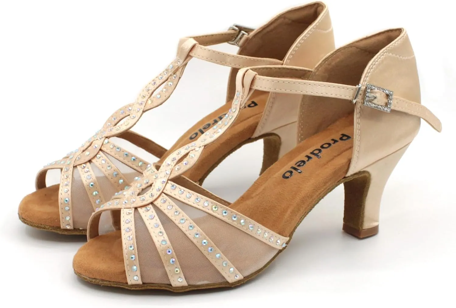 Women's Mesh Dance Shoes,Nude Satin Salsa Latin Swing Ballroom Shoes with Rhinestones,T-Strap,Open-Toe,for Ball/Wedding/Party/Formal