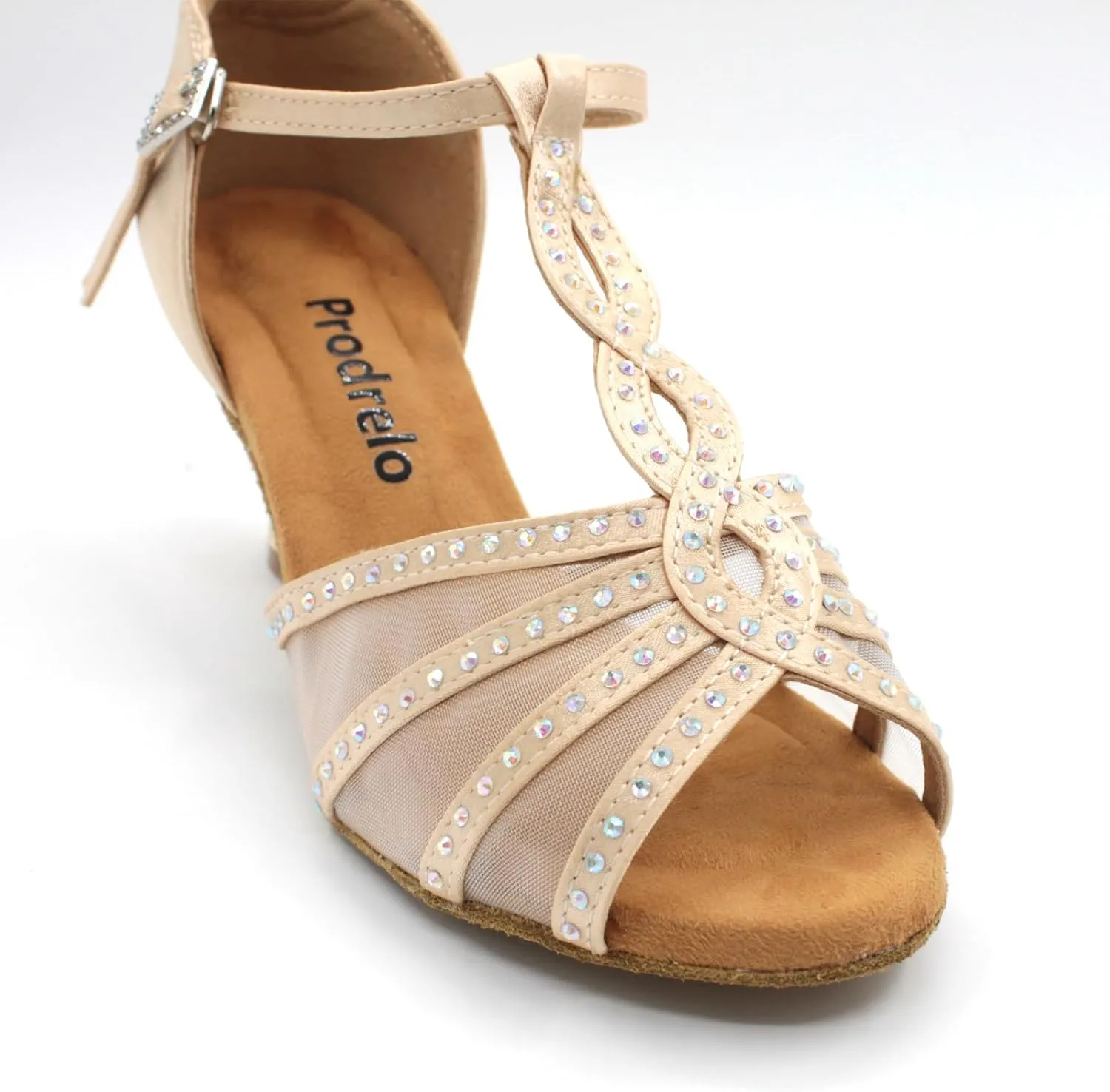 Women's Mesh Dance Shoes,Nude Satin Salsa Latin Swing Ballroom Shoes with Rhinestones,T-Strap,Open-Toe,for Ball/Wedding/Party/Formal