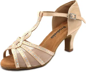 Women's Mesh Dance Shoes,Nude Satin Salsa Latin Swing Ballroom Shoes with Rhinestones,T-Strap,Open-Toe,for Ball/Wedding/Party/Formal