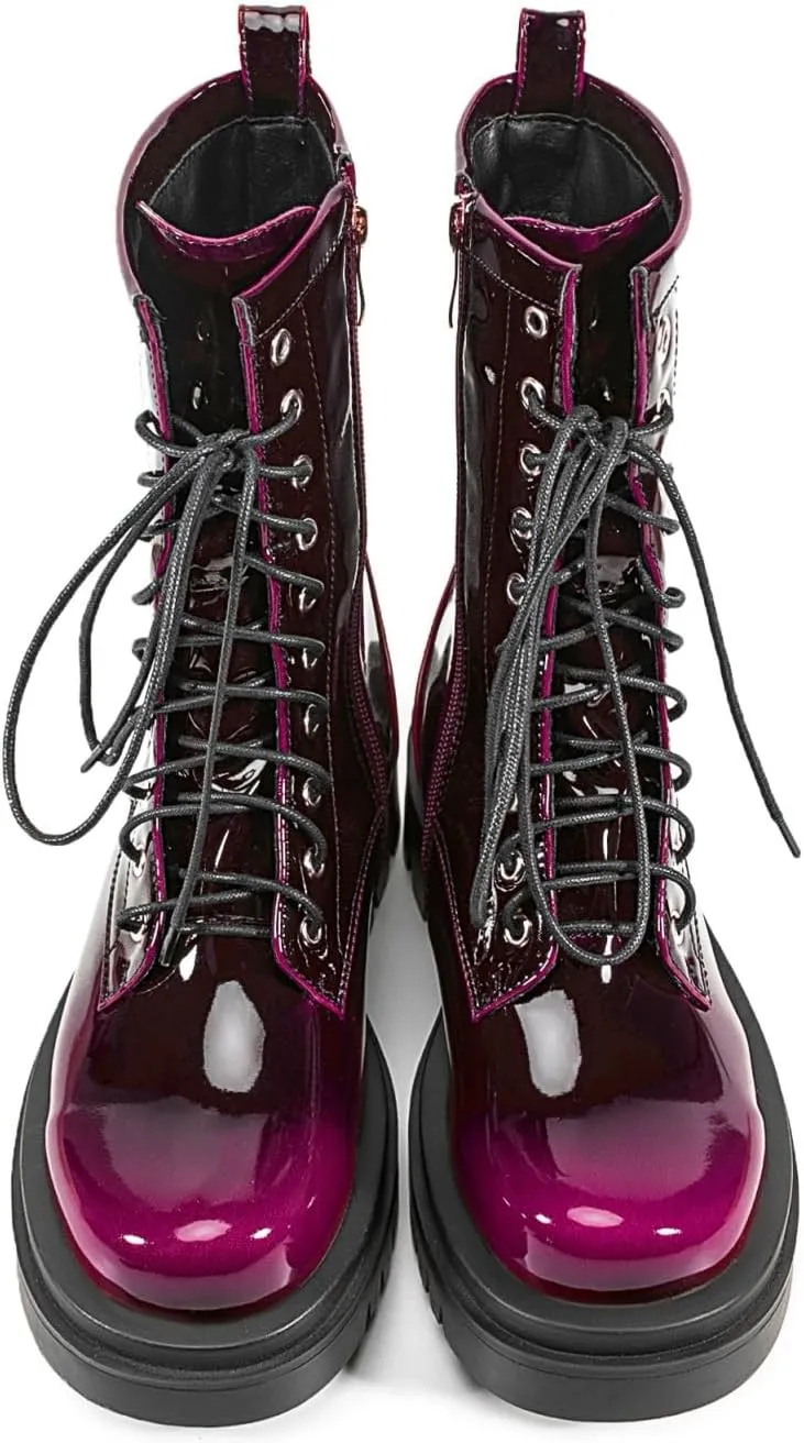 Women's Metallic Mid Calf Boots Platform Chunky Heel Silver Combat Boots Lace up Metal Buckle Zipper
