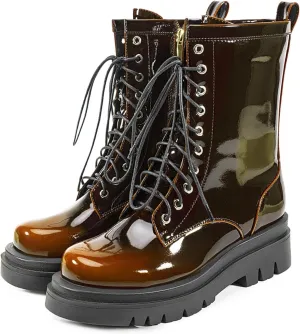 Women's Metallic Mid Calf Boots Platform Chunky Heel Silver Combat Boots Lace up Metal Buckle Zipper
