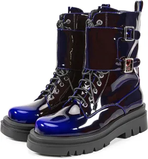 Women's Metallic Mid Calf Boots Platform Chunky Heel Silver Combat Boots Lace up Metal Buckle Zipper