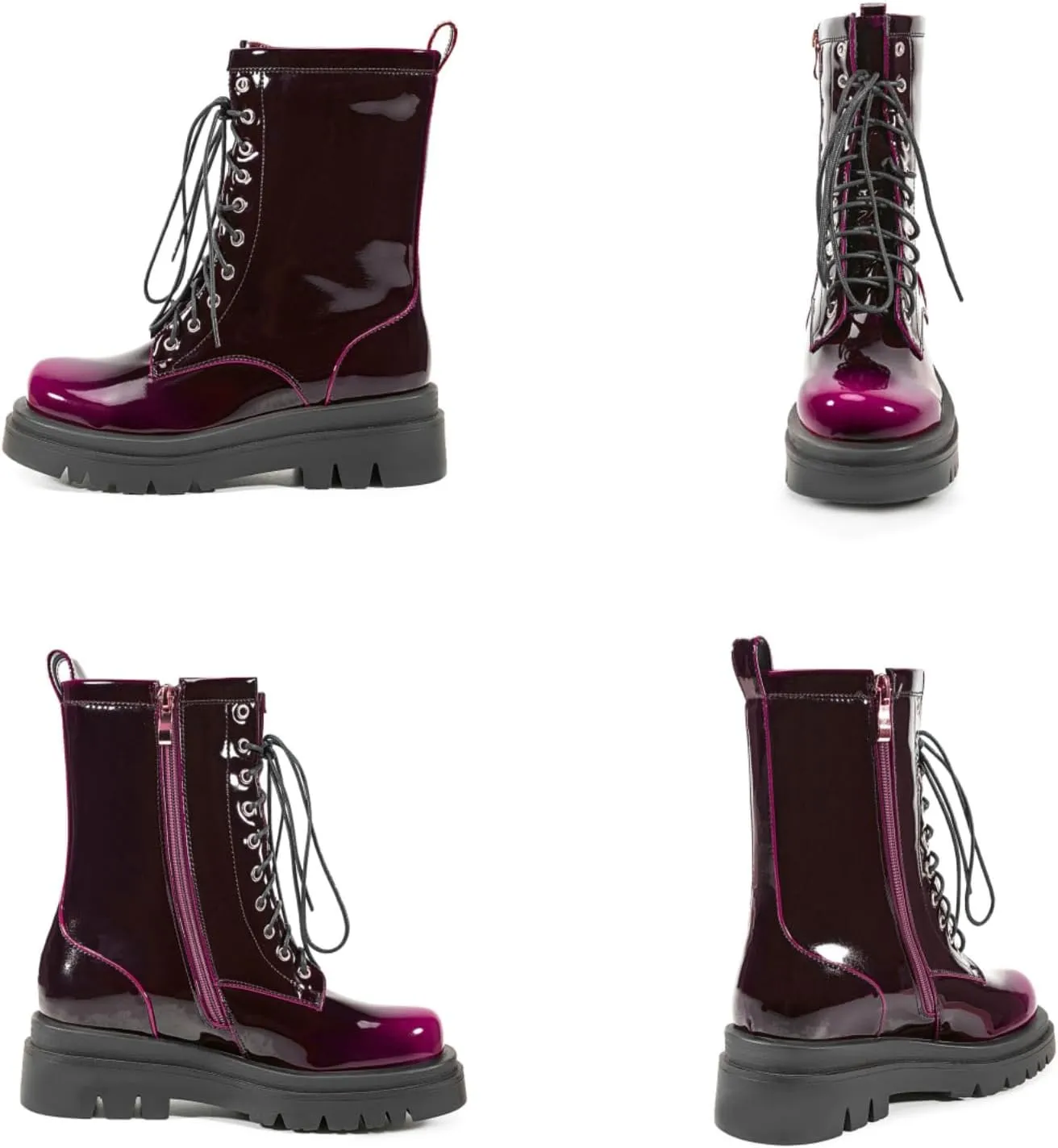 Women's Metallic Mid Calf Boots Platform Chunky Heel Silver Combat Boots Lace up Metal Buckle Zipper