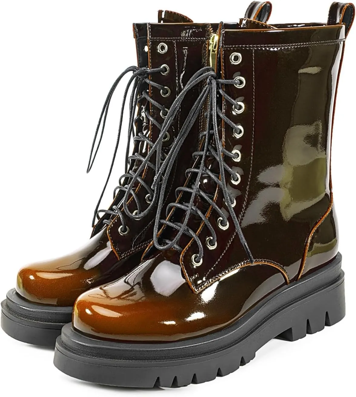 Women's Metallic Mid Calf Boots Platform Chunky Heel Silver Combat Boots Lace up Metal Buckle Zipper