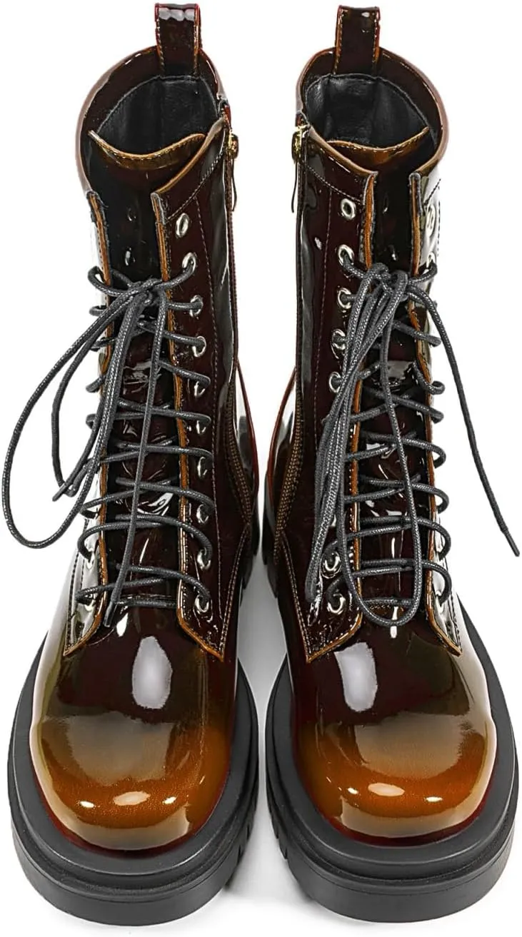 Women's Metallic Mid Calf Boots Platform Chunky Heel Silver Combat Boots Lace up Metal Buckle Zipper