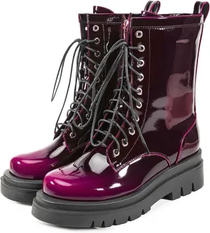 Women's Metallic Mid Calf Boots Platform Chunky Heel Silver Combat Boots Lace up Metal Buckle Zipper