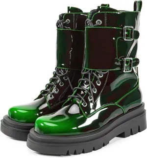 Women's Metallic Mid Calf Boots Platform Chunky Heel Silver Combat Boots Lace up Metal Buckle Zipper