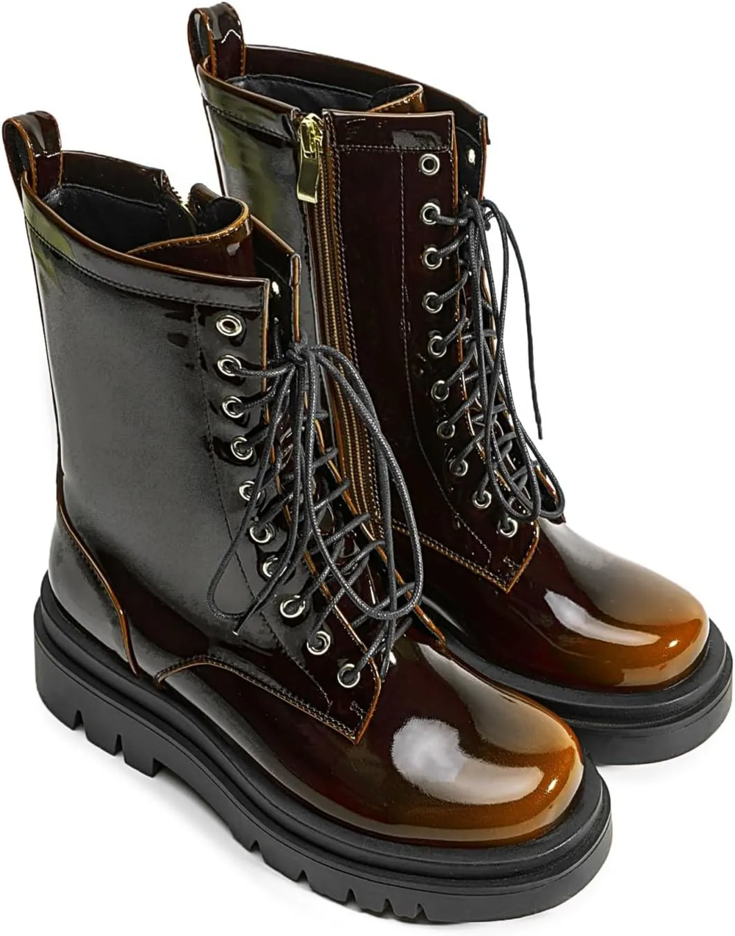 Women's Metallic Mid Calf Boots Platform Chunky Heel Silver Combat Boots Lace up Metal Buckle Zipper