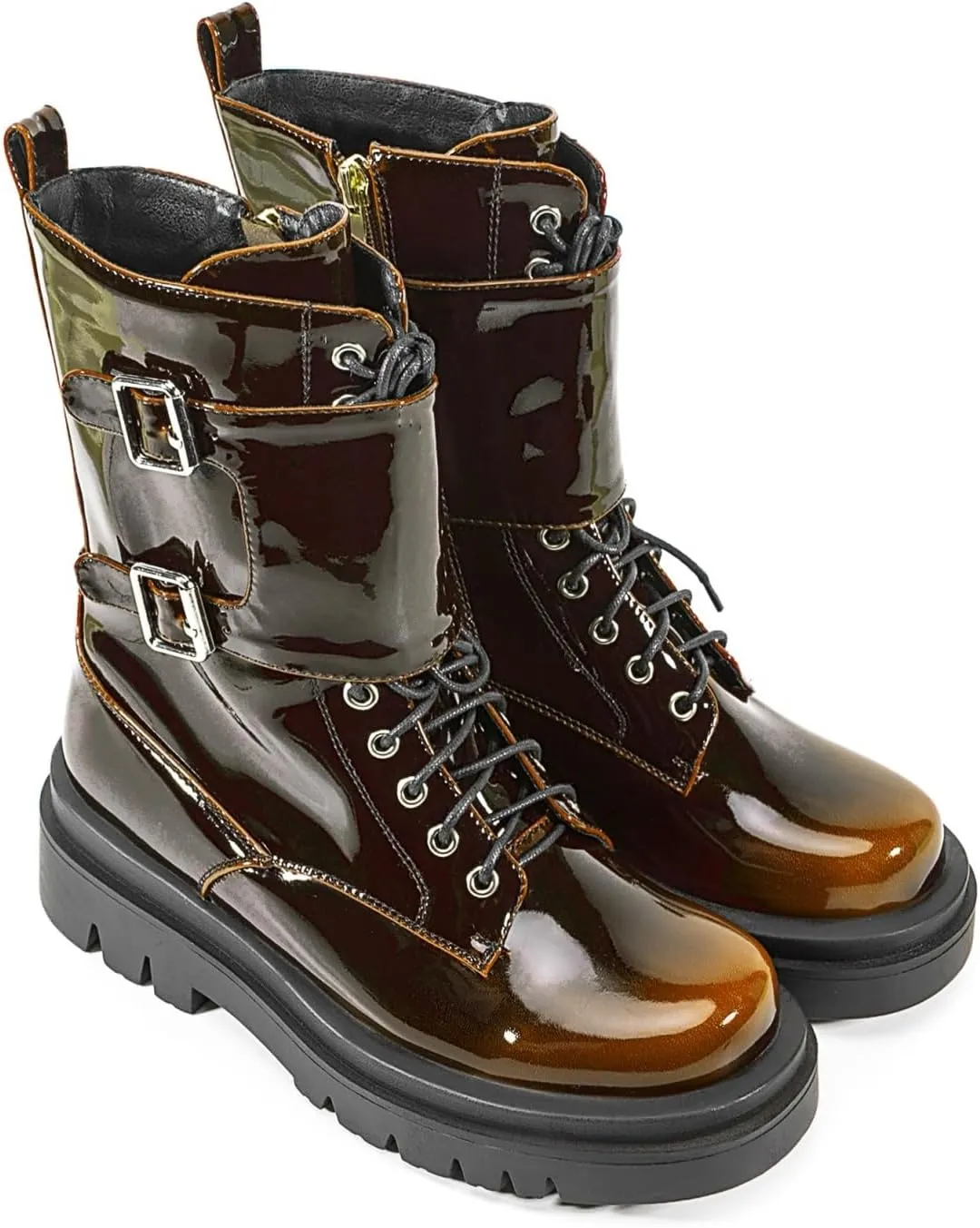 Women's Metallic Mid Calf Boots Platform Chunky Heel Silver Combat Boots Lace up Metal Buckle Zipper
