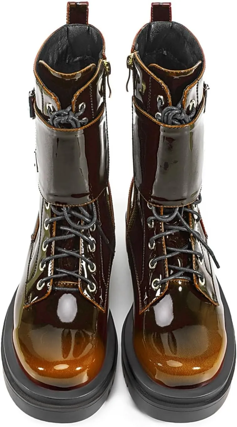 Women's Metallic Mid Calf Boots Platform Chunky Heel Silver Combat Boots Lace up Metal Buckle Zipper