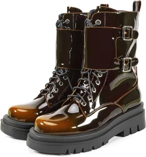Women's Metallic Mid Calf Boots Platform Chunky Heel Silver Combat Boots Lace up Metal Buckle Zipper