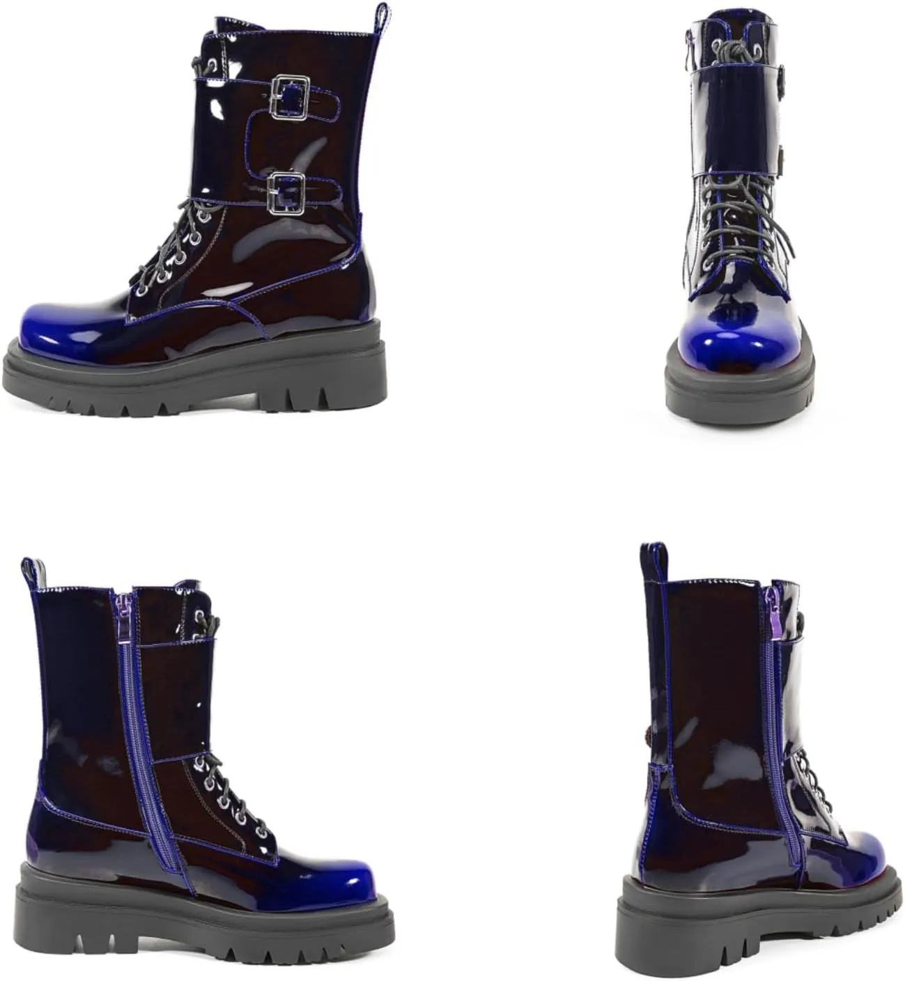 Women's Metallic Mid Calf Boots Platform Chunky Heel Silver Combat Boots Lace up Metal Buckle Zipper