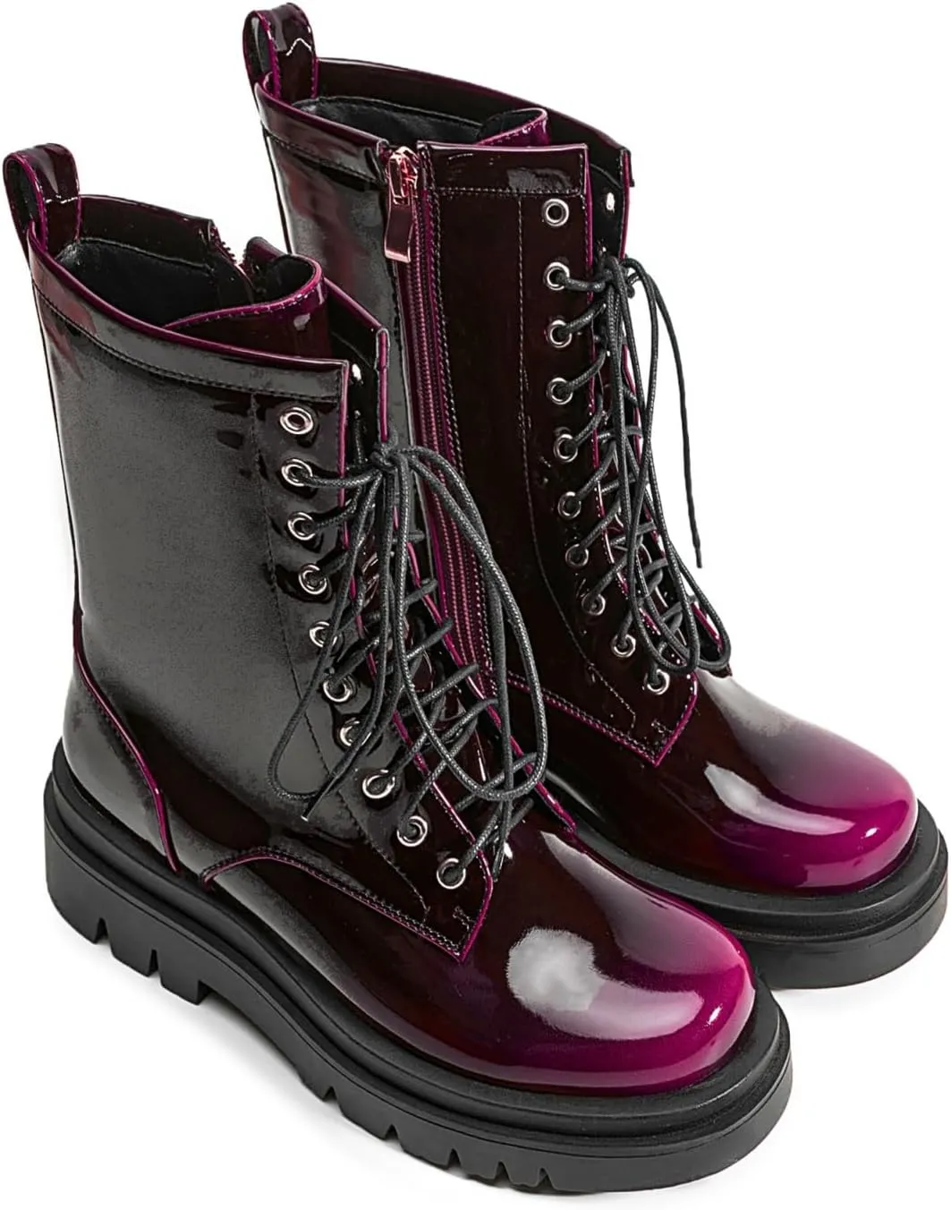 Women's Metallic Mid Calf Boots Platform Chunky Heel Silver Combat Boots Lace up Metal Buckle Zipper