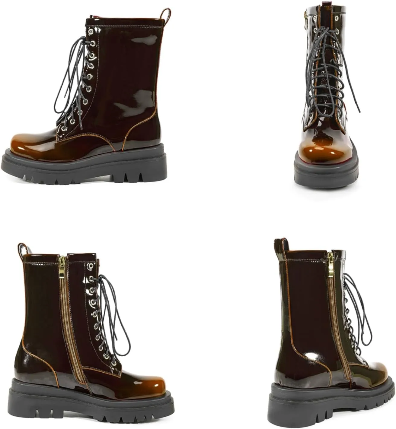 Women's Metallic Mid Calf Boots Platform Chunky Heel Silver Combat Boots Lace up Metal Buckle Zipper