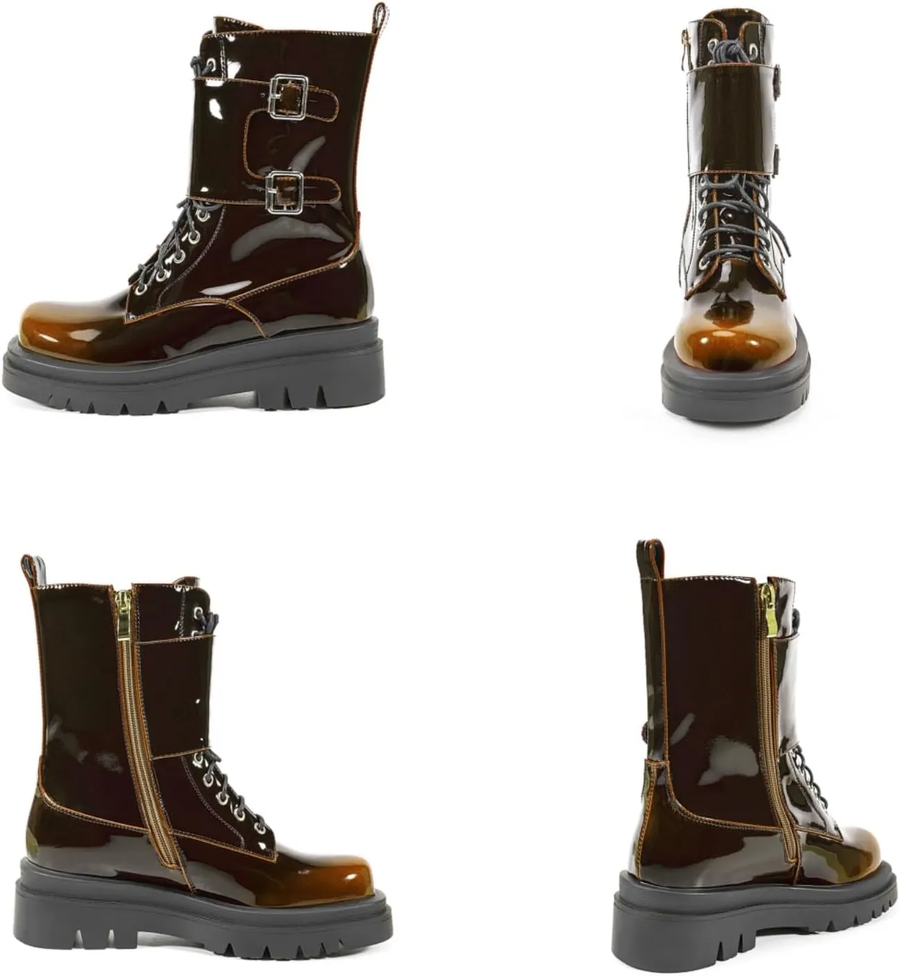 Women's Metallic Mid Calf Boots Platform Chunky Heel Silver Combat Boots Lace up Metal Buckle Zipper
