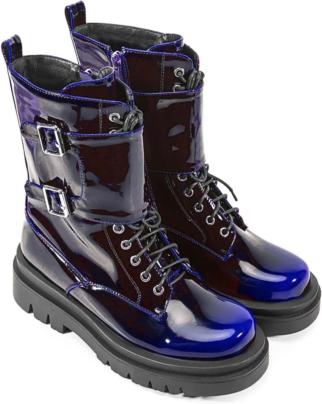 Women's Metallic Mid Calf Boots Platform Chunky Heel Silver Combat Boots Lace up Metal Buckle Zipper