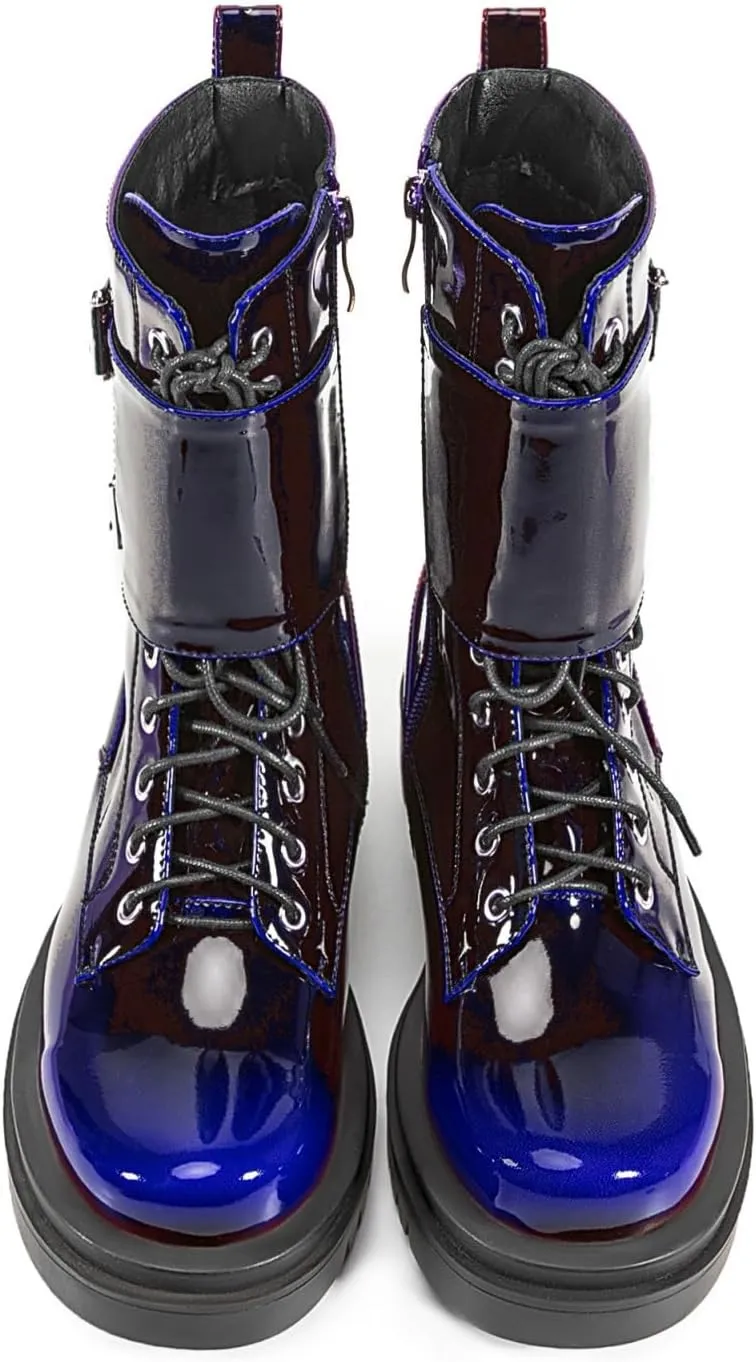 Women's Metallic Mid Calf Boots Platform Chunky Heel Silver Combat Boots Lace up Metal Buckle Zipper