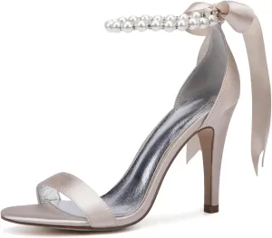 Women's Pearl Stiletto Heels Wedding Shoes Sandals Open Pointed Toe Satin Prom Wedding Party Dress Shoes