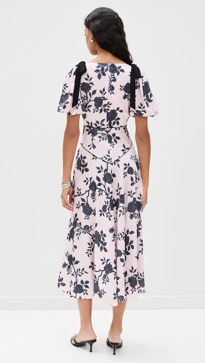 Women's Pink Satin Floral Midi Dress