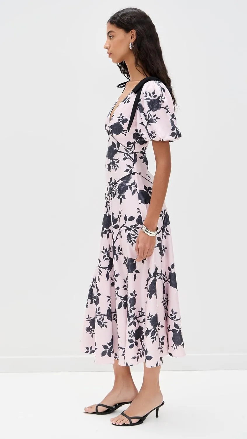 Women's Pink Satin Floral Midi Dress