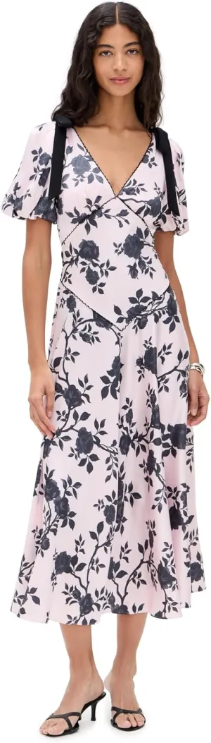 Women's Pink Satin Floral Midi Dress