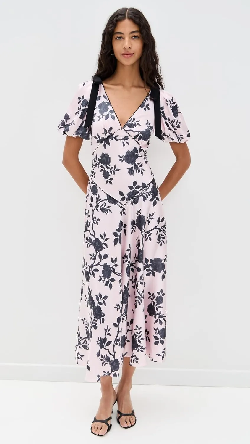 Women's Pink Satin Floral Midi Dress